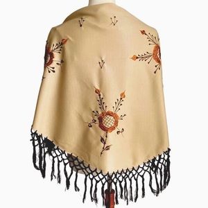 Embroidered Shawl Vintage 70s Boho Floral Tan and Brown